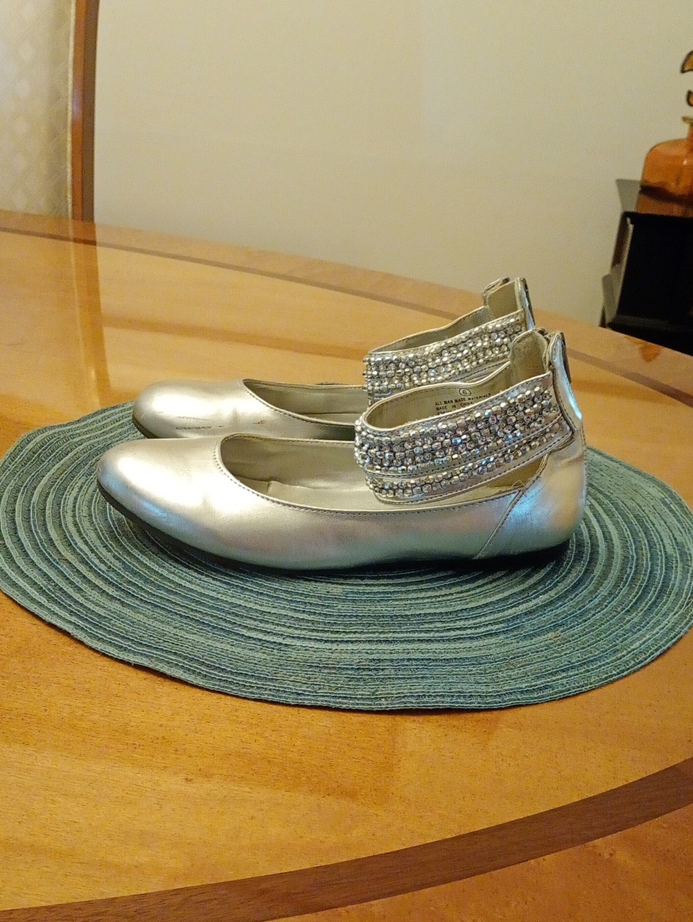 Justice Metallic Silver Rhinestone Strap Ballet Flats Zip Up Rear Ankles Size 6